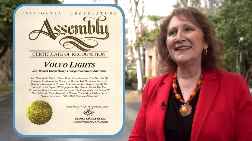 Image of Assemblymember Eloise Gomez Reyes and the California Legislature Assembly Certificate of Recognition awarded to the Volvo LIGHTS project team.