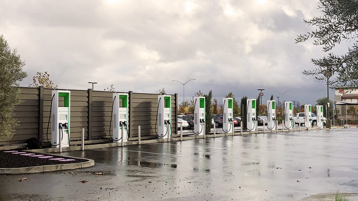 Image of a row of ABB electric vehicle chargers.