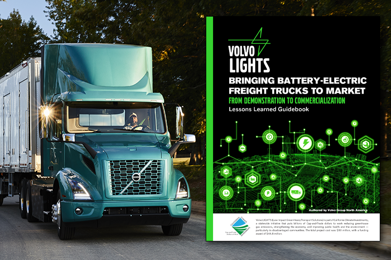 Volvo LIGHTS Lessons Learned Guidebook cover and Volvo VNR Electric truck